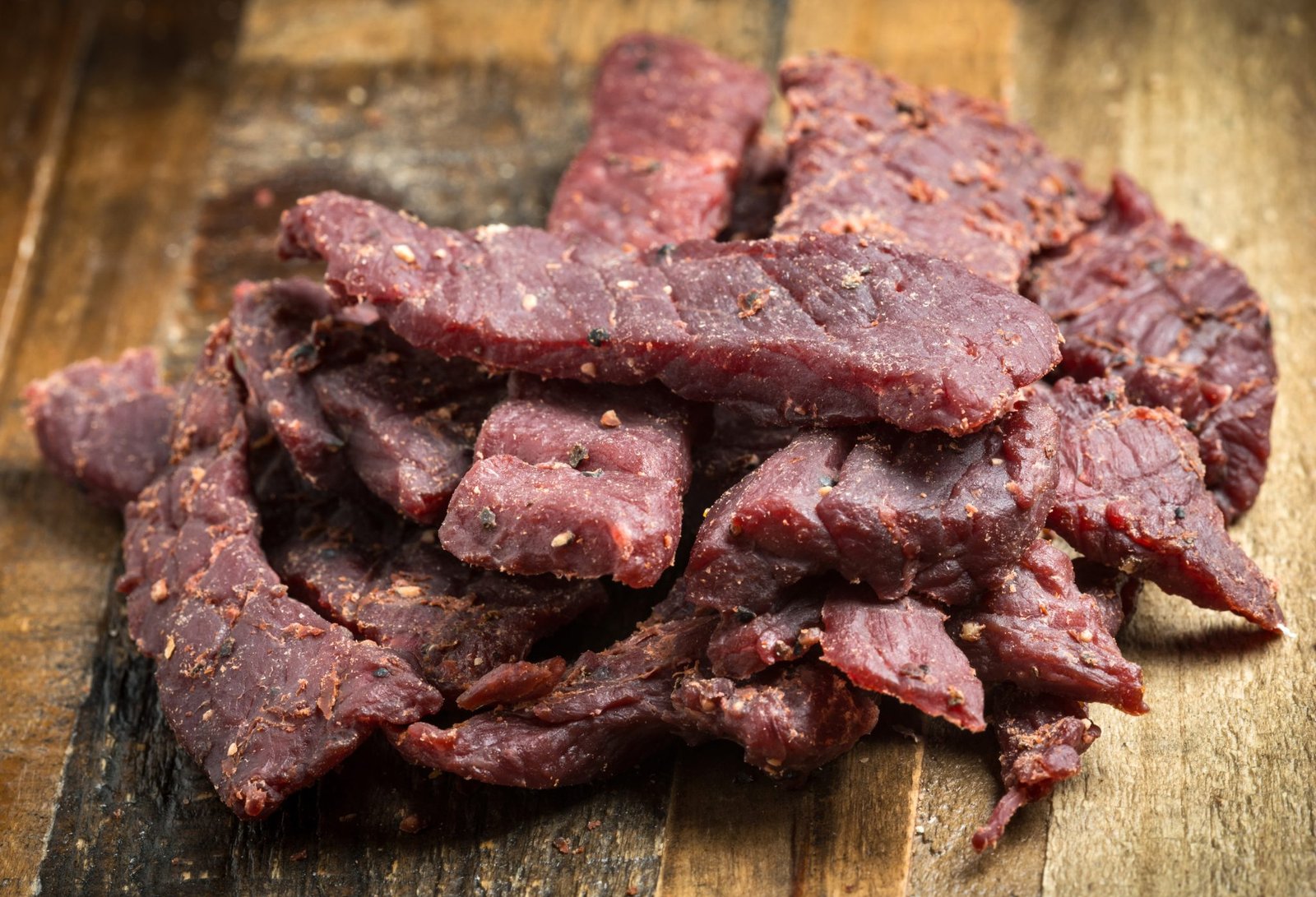 Heap of Beef Jerky on a cutting board